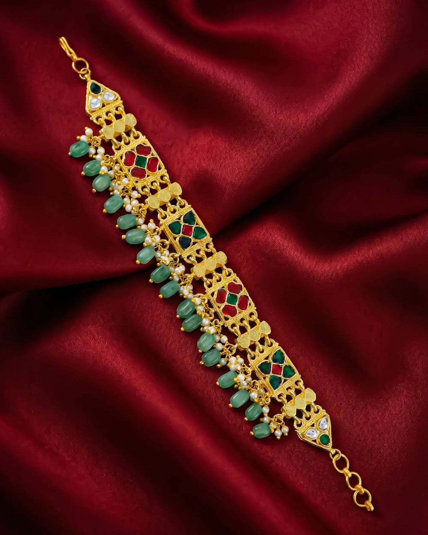 Traditional Kundan Beaded Bracelet, Gold Tone Ethnic Bridal Jewelry