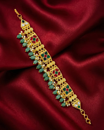 Traditional Kundan Beaded Bracelet, Gold Tone Ethnic Bridal Jewelry