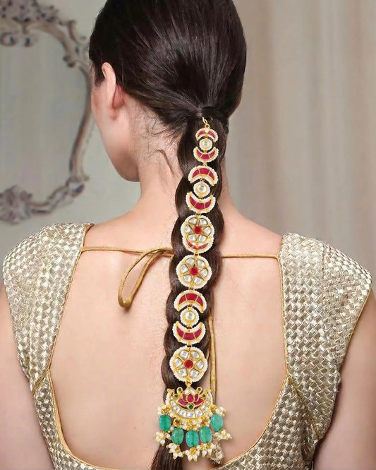 Kundan Meenakari Bridal Hair Jewelry with Pearl Green Drops