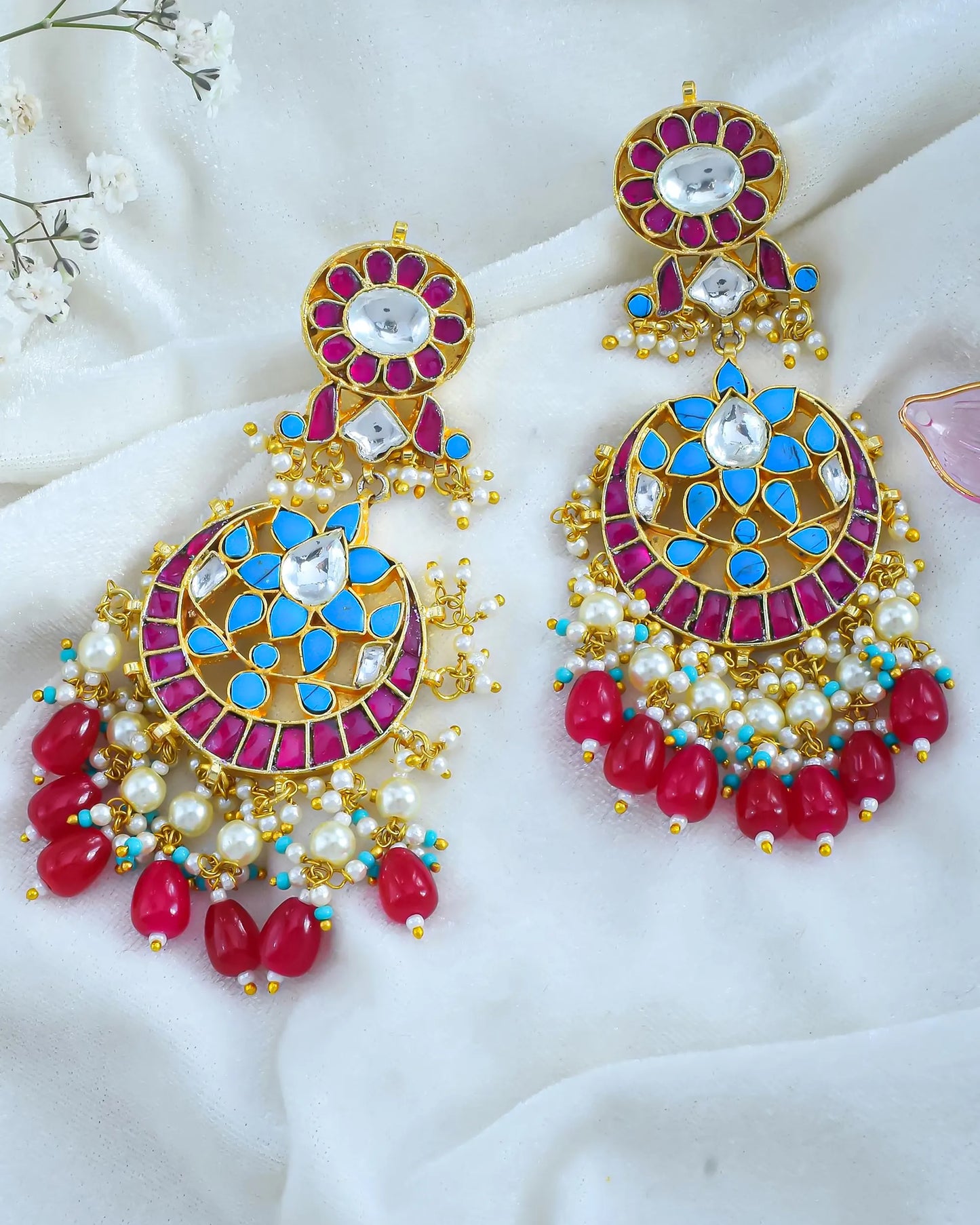 Gold-Plated Kundan Chandbali Earrings with Maang Tikka, Pearl Drop Indian Jewelry