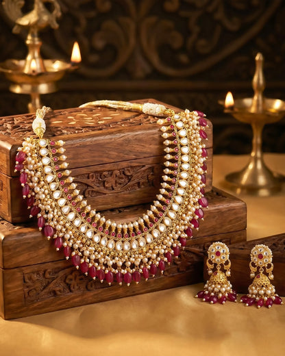 Gold Kundan Choker Necklace Set with Pink Beads, Pearls, Traditional Bridal Jewelry