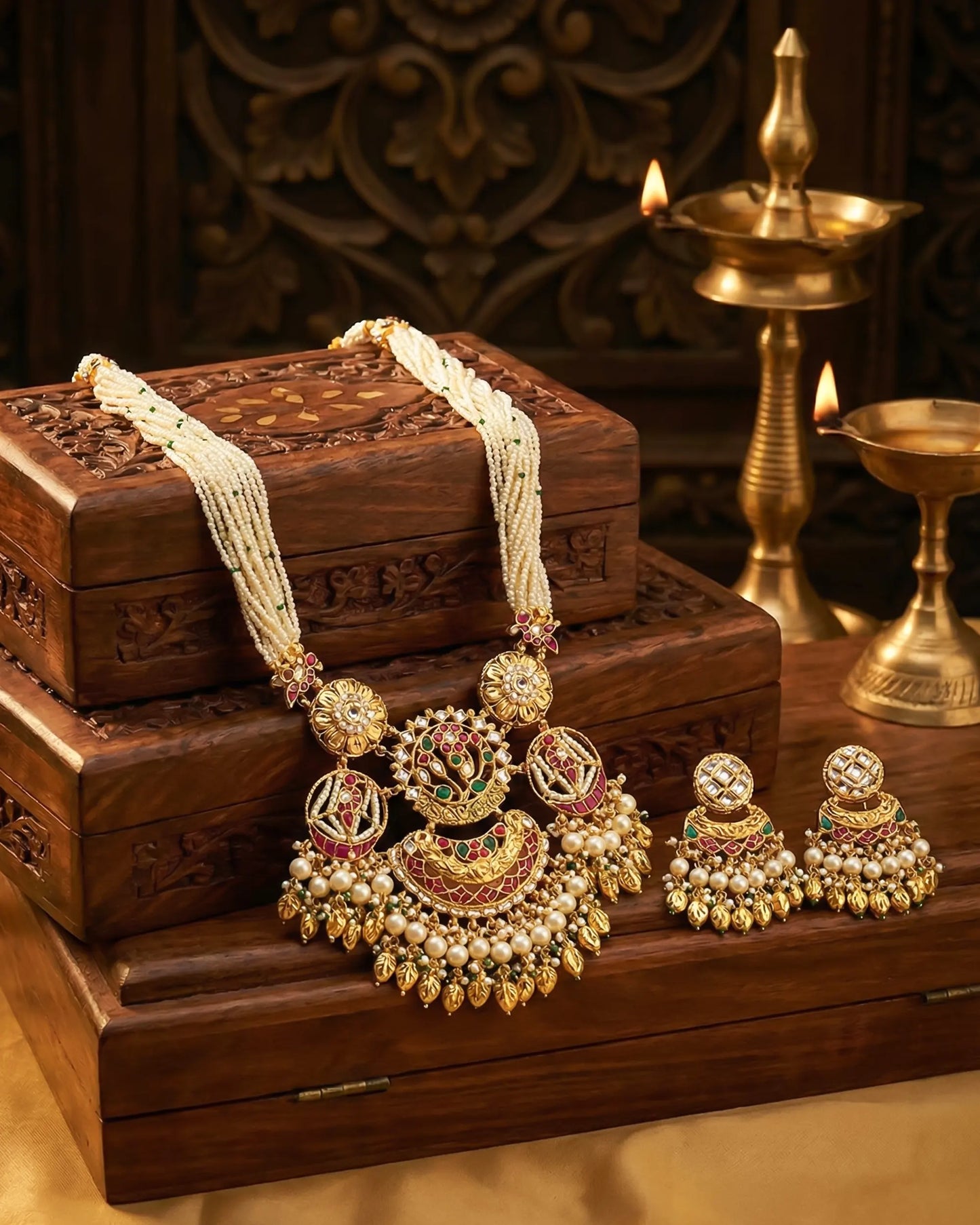 Multi Strand Pearl Antique Necklace Set, Kundan Meenakari Bridal Jewelry, Traditional Gold Statement Necklace