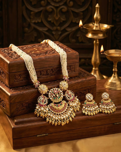 Multi Strand Pearl Antique Necklace Set, Kundan Meenakari Bridal Jewelry, Traditional Gold Statement Necklace