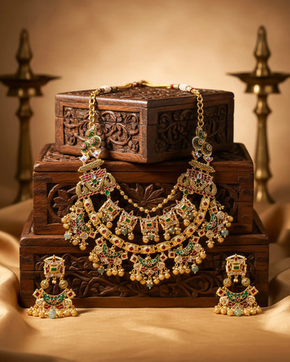 Antique Gold Kundan Meenakari Bridal Necklace Set, Indian Wedding Jewelry