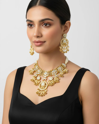 Gold Plated Kundan Bridal Choker Necklace Set with Earrings, Indian Wedding Jewelry