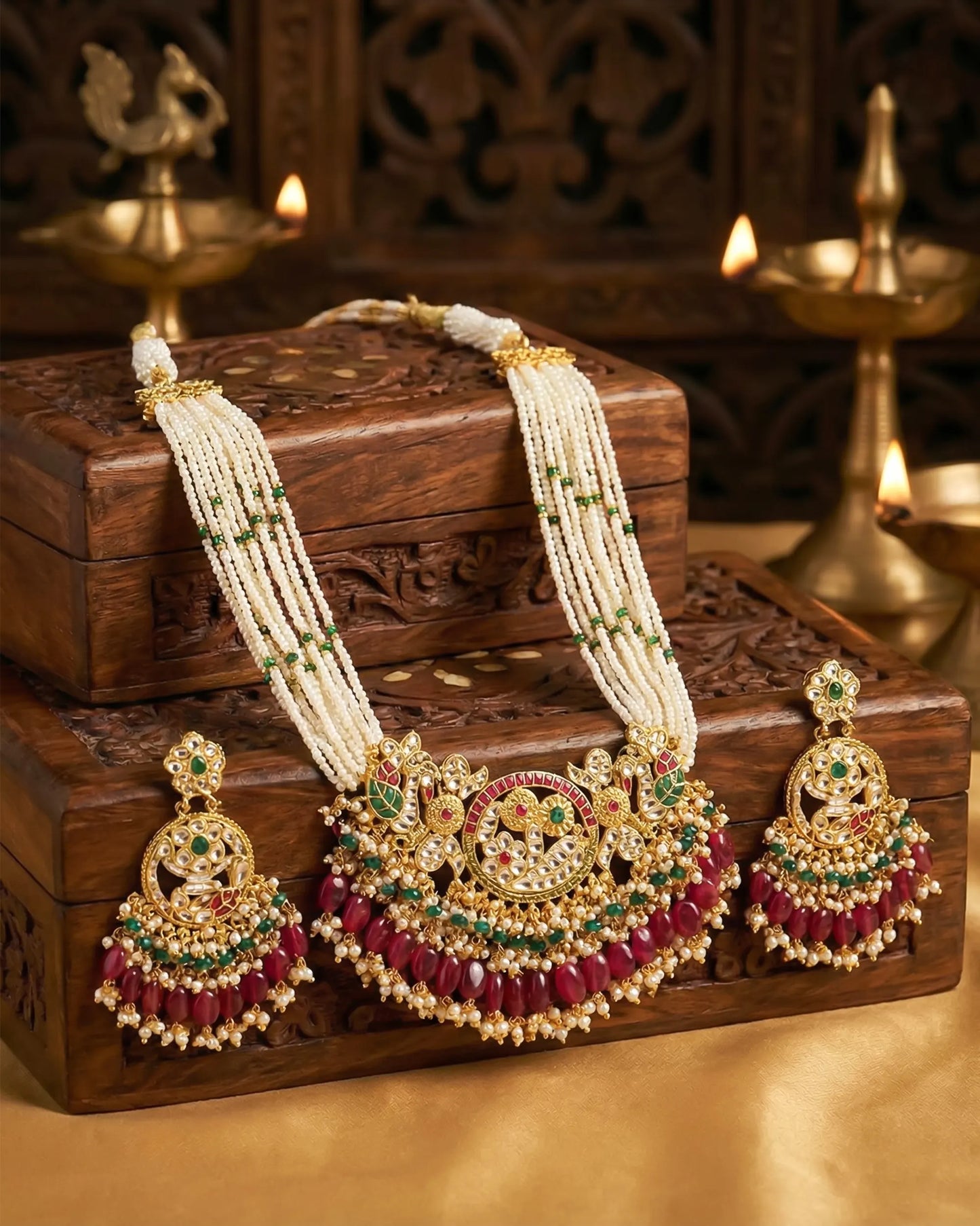 Indian Kundan Choker Necklace Set, Bridal Pearl Jewelry with Pink Green Stones