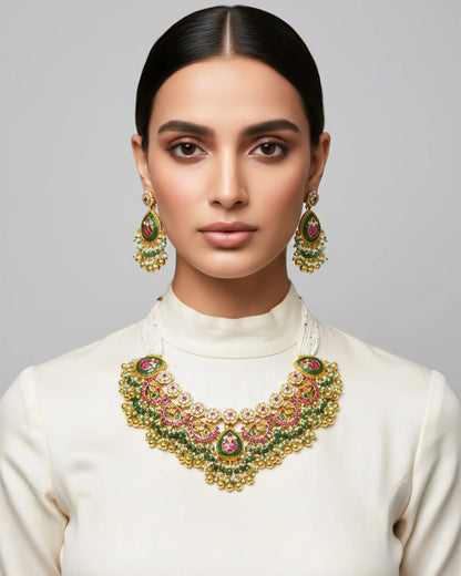 Antique Gold Plated Kundan Necklace Set, Pink Green Stone Bridal Choker