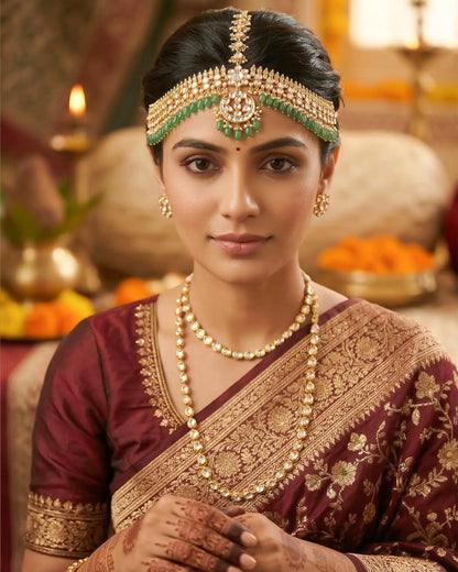 Gold Kundan Pearl Maang Tikka Set, Indian Bridal Headpiece, Wedding Jewelry