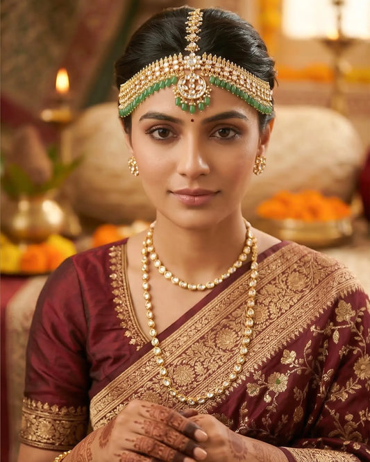 Gold Kundan Pearl Maang Tikka Set, Indian Bridal Headpiece, Wedding Jewelry