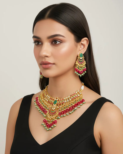 Traditional Regal Kundan Choker Set with Ruby Red and Emerald Green Hanging Beads