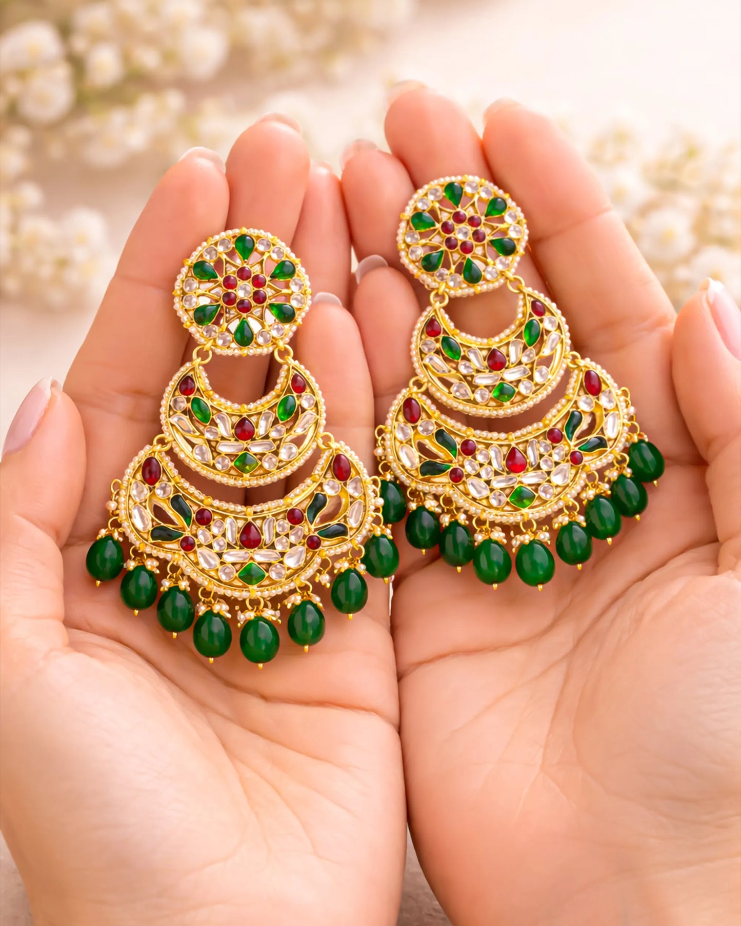 18K Gold Plated Jadau Chandbali Earrings Indian Jewelry