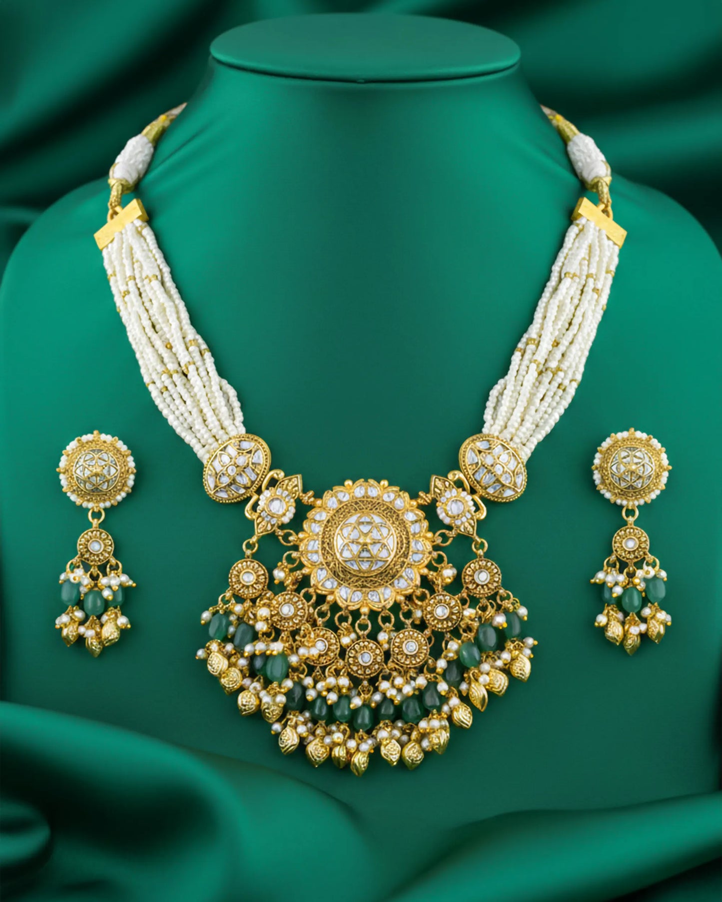 Kundan Pearl Bridal Necklace Set, Green Stone Indian Wedding Jewelry, Gold Ethnic Statement Earrings