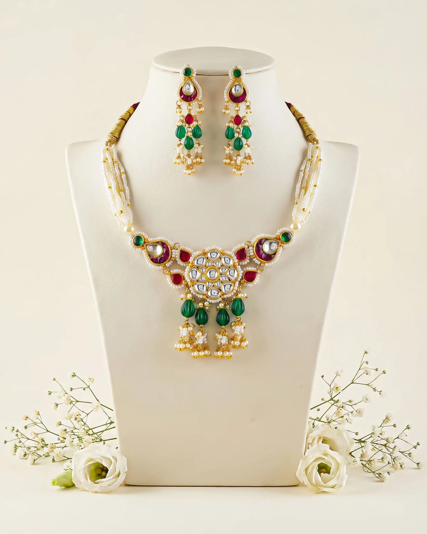 Elegant Pearl Beaded Necklace with Green Stone and Kundan Pendant, Handmade Indian Jewelry