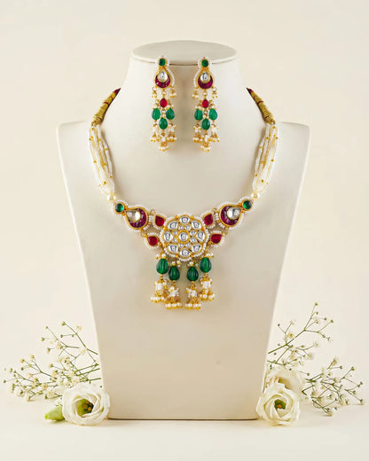 Elegant Pearl Beaded Necklace with Green Stone and Kundan Pendant, Handmade Indian Jewelry