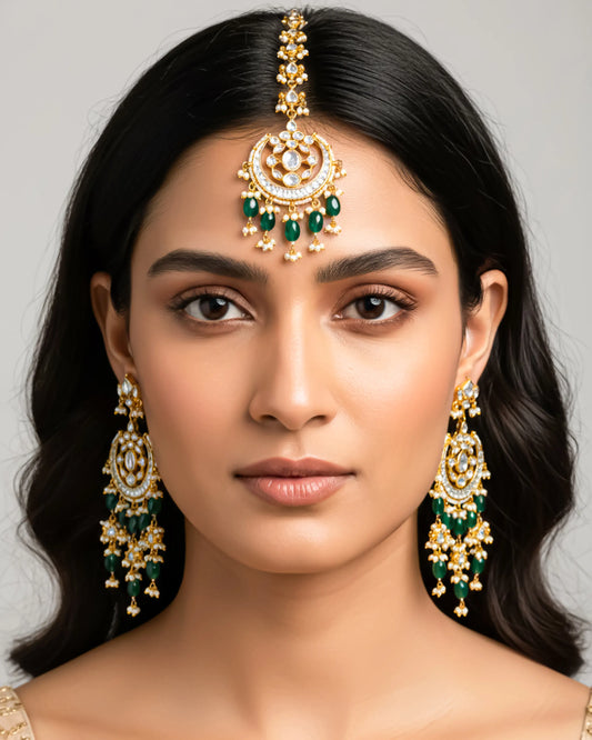 Kundan Pearl Maang Tikka and Earrings Set