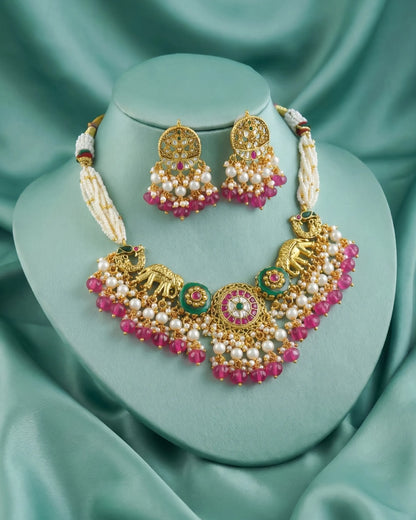 Antique Gold Pearl Necklace Set, Pink Green Stones, Traditional Indian Bridal Jewelry