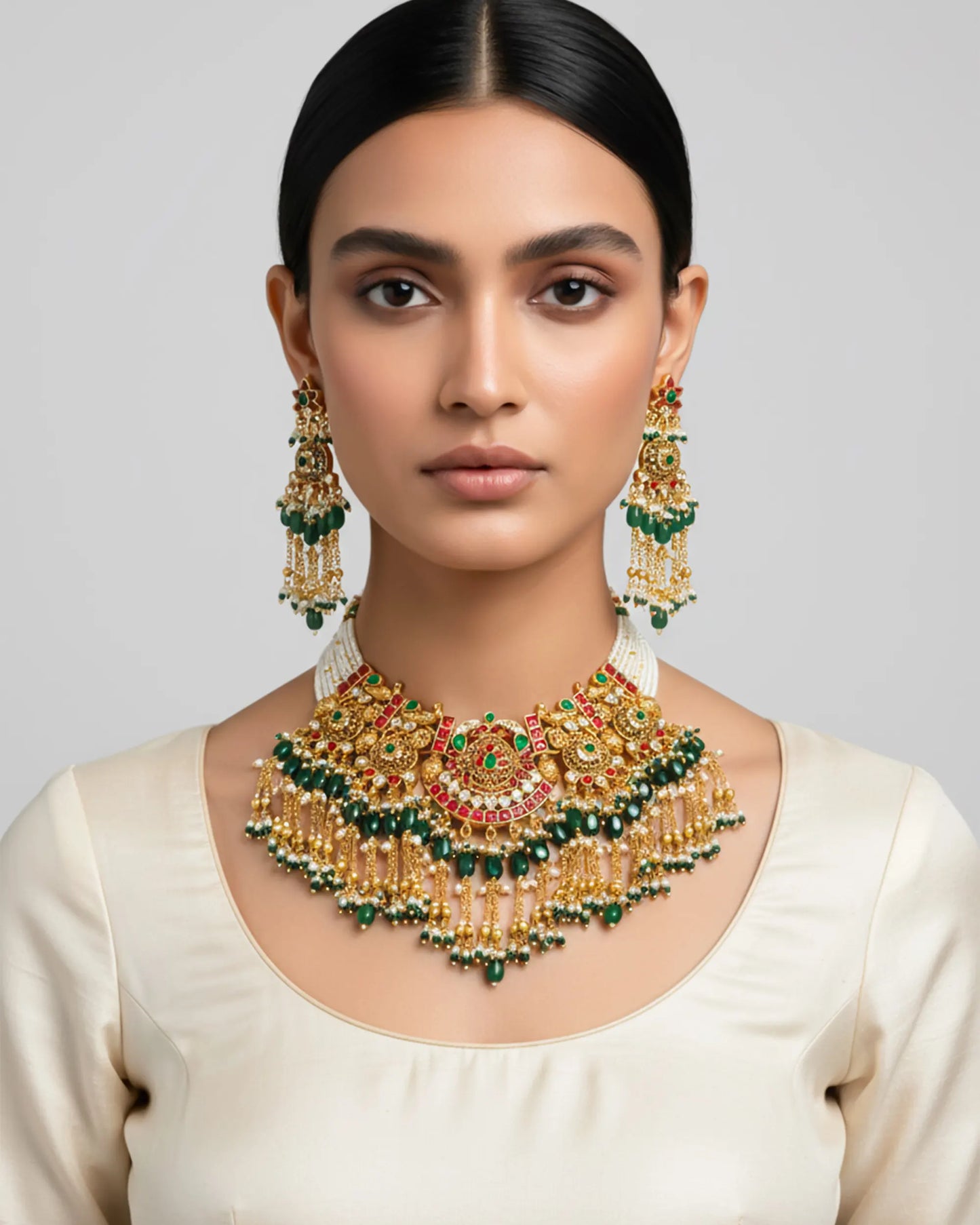 Gold Plated Kundan Necklace Set, Indian Wedding Bridal Jewelry, Pearl Choker Earrings