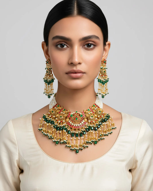 Gold Plated Kundan Necklace Set, Indian Wedding Bridal Jewelry, Pearl Choker Earrings