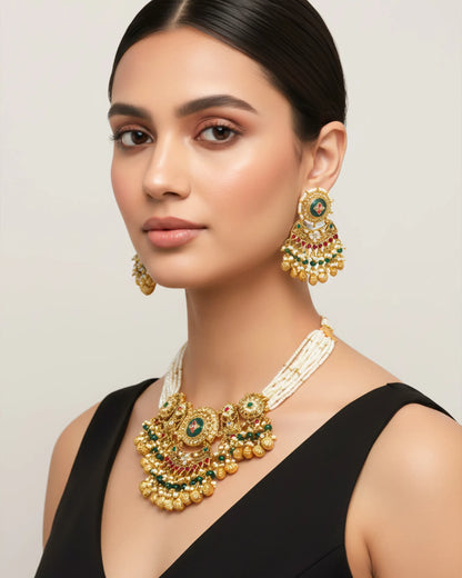 Antique Gold Kundan Meenakari Choker Necklace Set with Earrings, Indian Bridal Jewelry