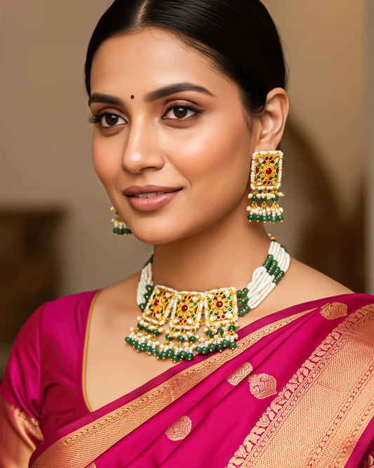 Kundan Polki Choker Necklace Set: Indian Wedding Jewelry, 18k Gold Plated Bridal Jewelry