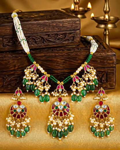 Green Drop Beads and Pearl Earrings Necklace Set, Traditional Bridesmaid Bridal Wedding Jewelry