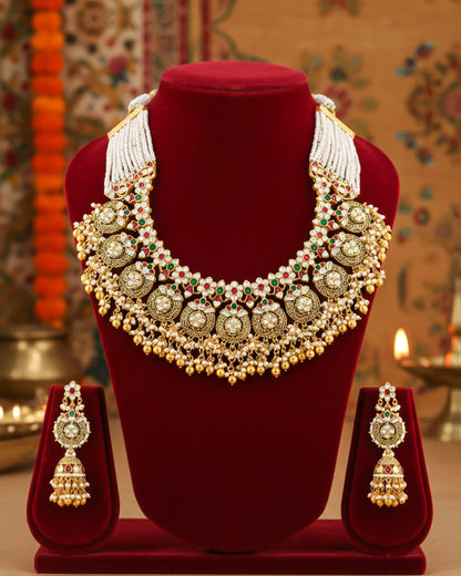 Bridal Kundan Necklace Set, Antique Gold Plated Pearl Choker, Indian Wedding Jewelry