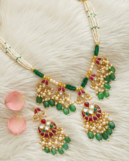 Green Drop Beads and Pearl Earrings Necklace Set, Traditional Bridesmaid Bridal Wedding Jewelry