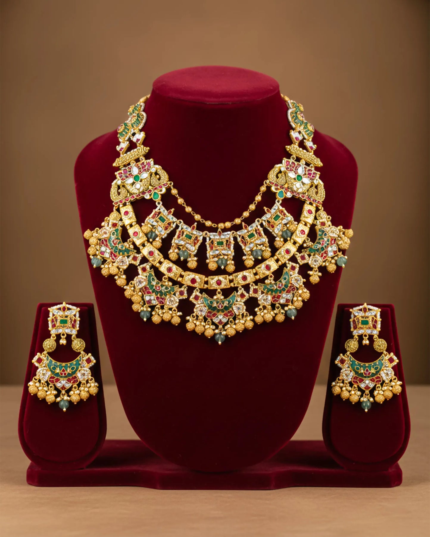 Antique Gold Kundan Meenakari Bridal Necklace Set, Indian Wedding Jewelry