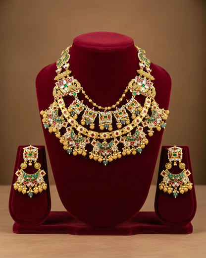 Antique Gold Kundan Meenakari Bridal Necklace Set, Indian Wedding Jewelry