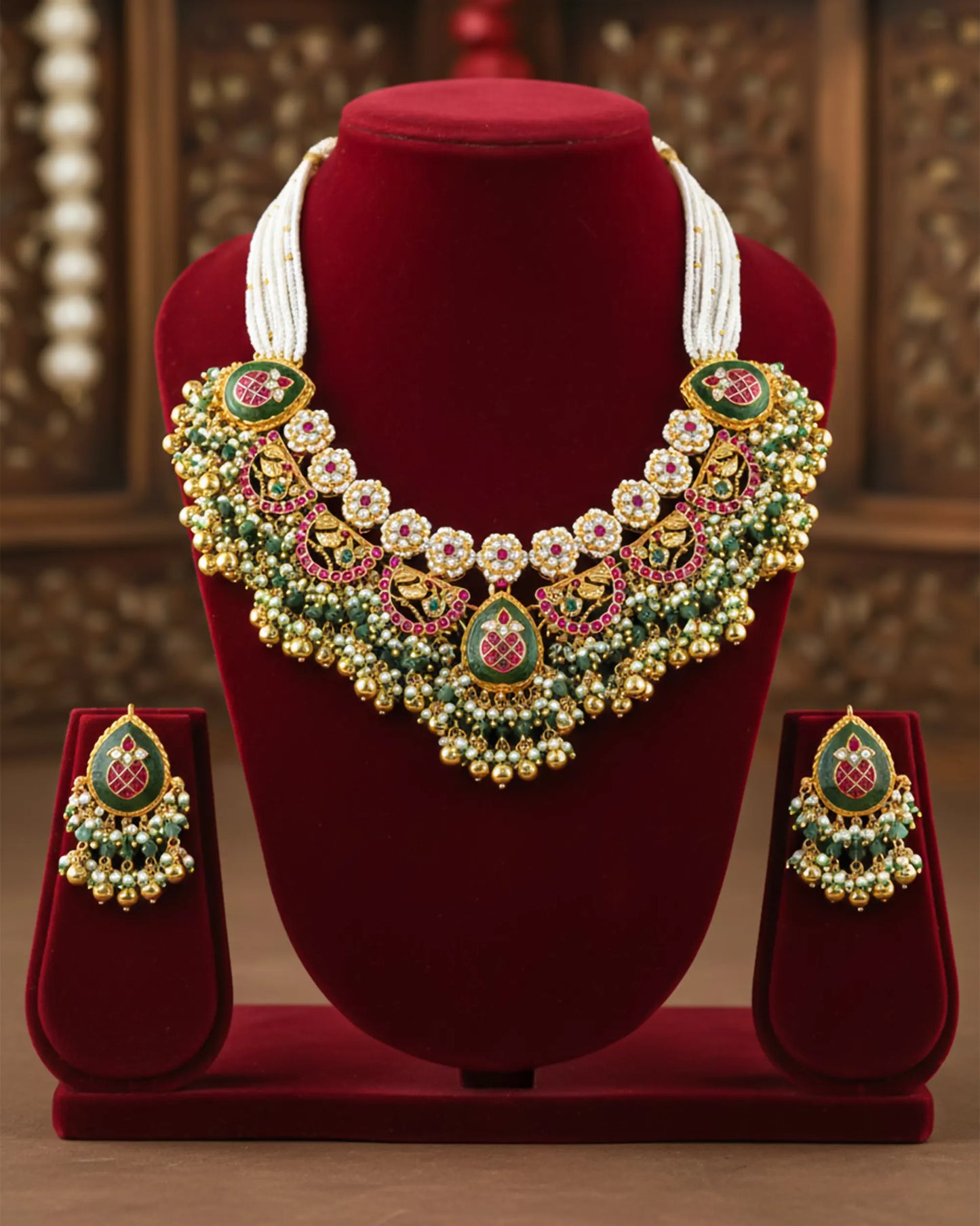 Antique Gold Plated Kundan Necklace Set, Pink Green Stone Bridal Choker