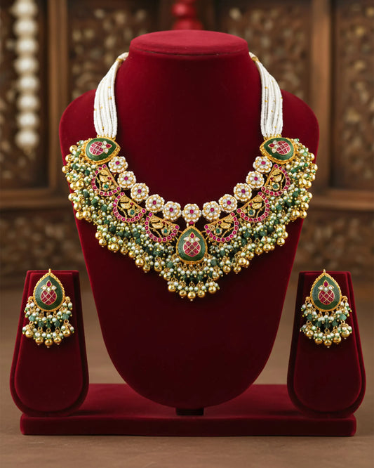 Antique Gold Plated Kundan Necklace Set, Pink Green Stone Bridal Choker