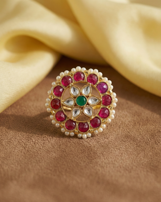 Designer Polki Kundan Pearl Adjustable Ring Jewelry
