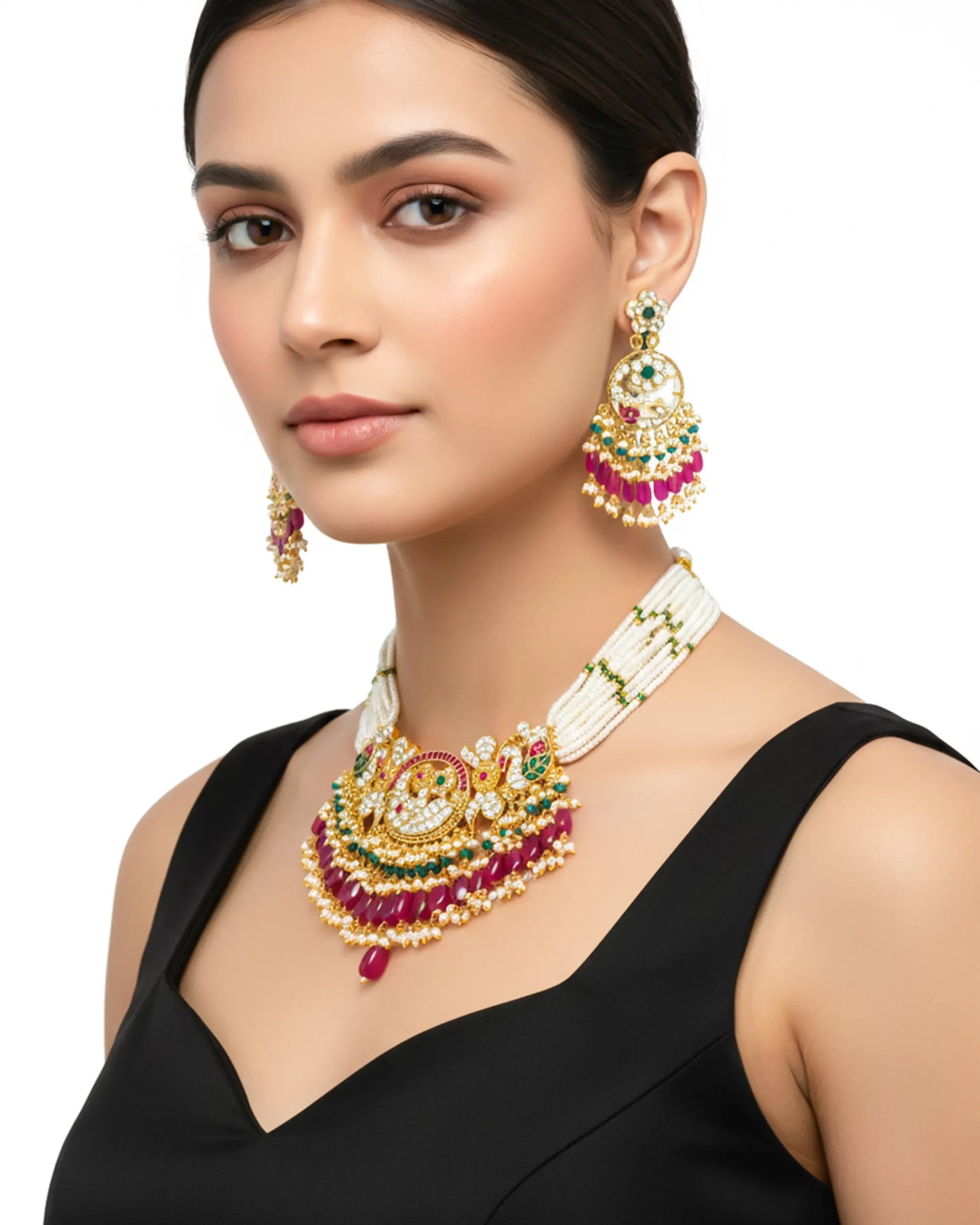 Indian Kundan Choker Necklace Set, Bridal Pearl Jewelry with Pink Green Stones