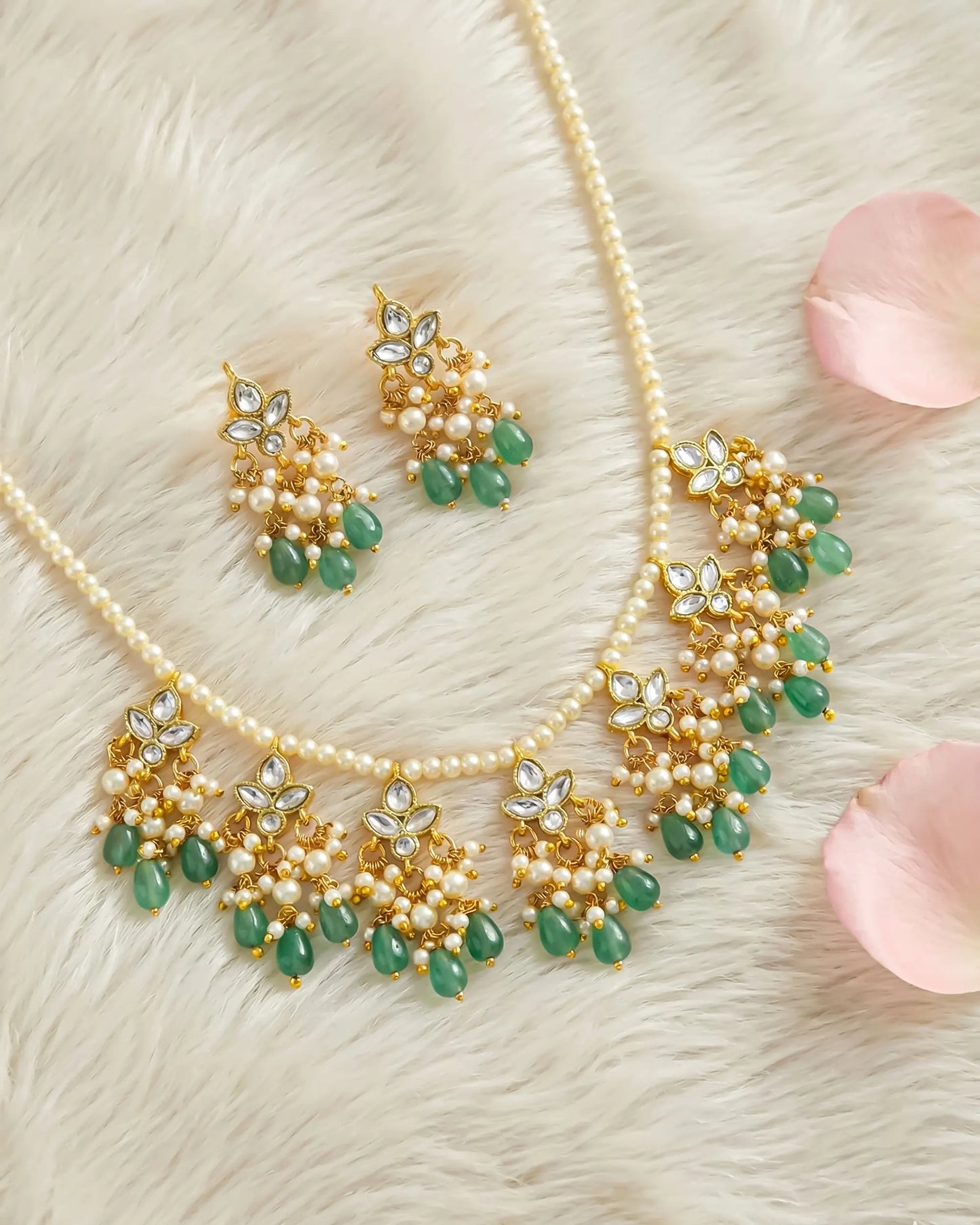 Kundan Pearl Green Beads Necklace Set, Gold Plated Indian Bridal Jewelry
