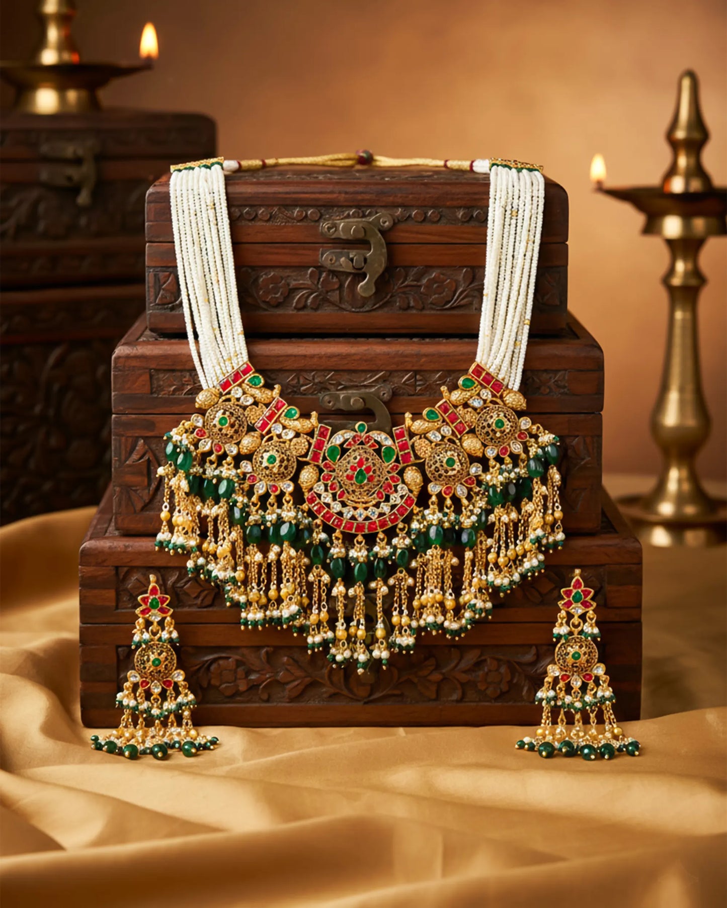 Gold Plated Kundan Necklace Set, Indian Wedding Bridal Jewelry, Pearl Choker Earrings