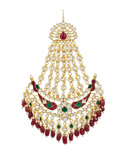 Royal Peacock Kundan Passa Jewelry – Red and Green Stone Bridal Side Headpiece