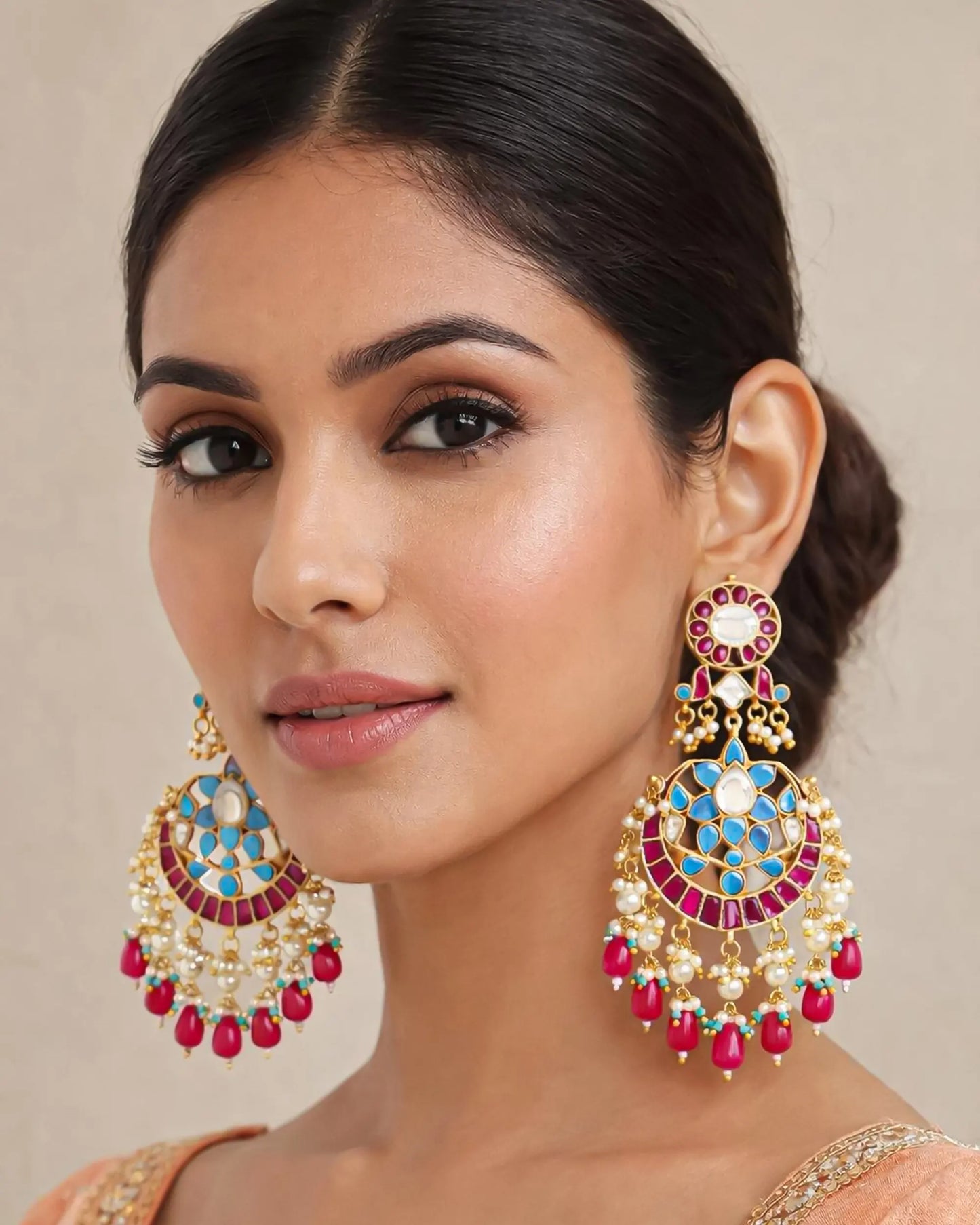 Gold-Plated Kundan Chandbali Earrings with Maang Tikka, Pearl Drop Indian Jewelry