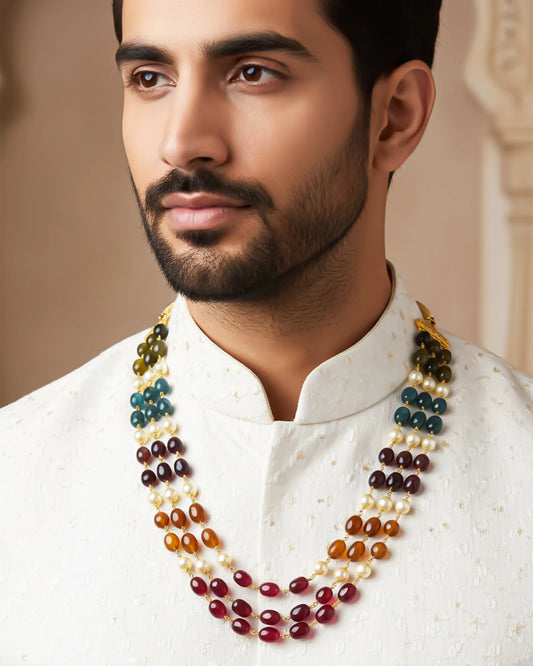 Royal Multi-Color Beaded Groom Mala – Traditional Wedding Necklace with Pearl Accents for Sherwani Jewelry