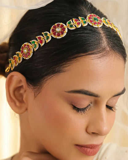 Handmade Kundan Pearl Matha Patti, Red Green Floral Bridal Headpiece, Boho Ethnic Jewelry