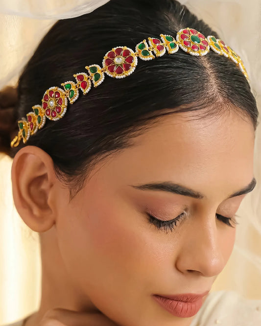 Handmade Kundan Pearl Matha Patti, Red Green Floral Bridal Headpiece, Boho Ethnic Jewelry