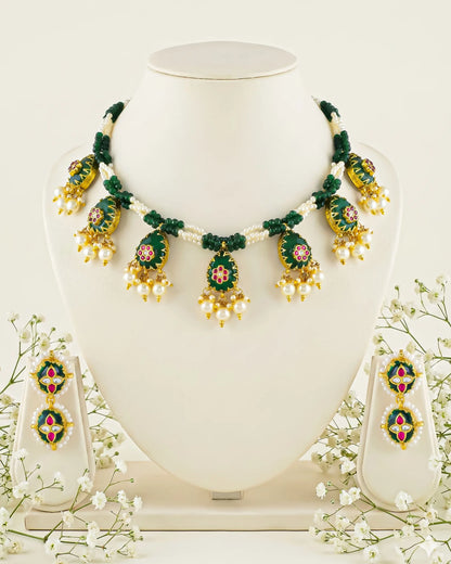 Handmade Kundan Meenakari Pearl Green Beaded Necklace Set, Bridal Wedding Jewelry