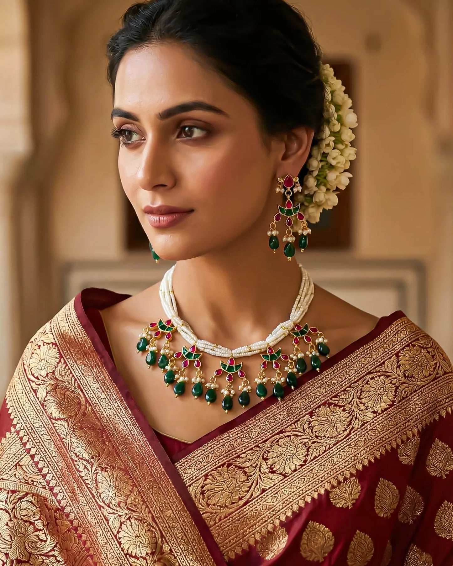 Gold Plated Kundan Pearl Necklace Set, Indian Bridal Choker with Earrings Jewelry