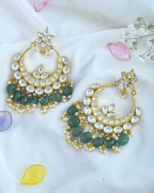 Bridal Jadau Chandbali Earrings, Polki Pearls & Green Beads, Gemstone Fringe Earring Jewelry