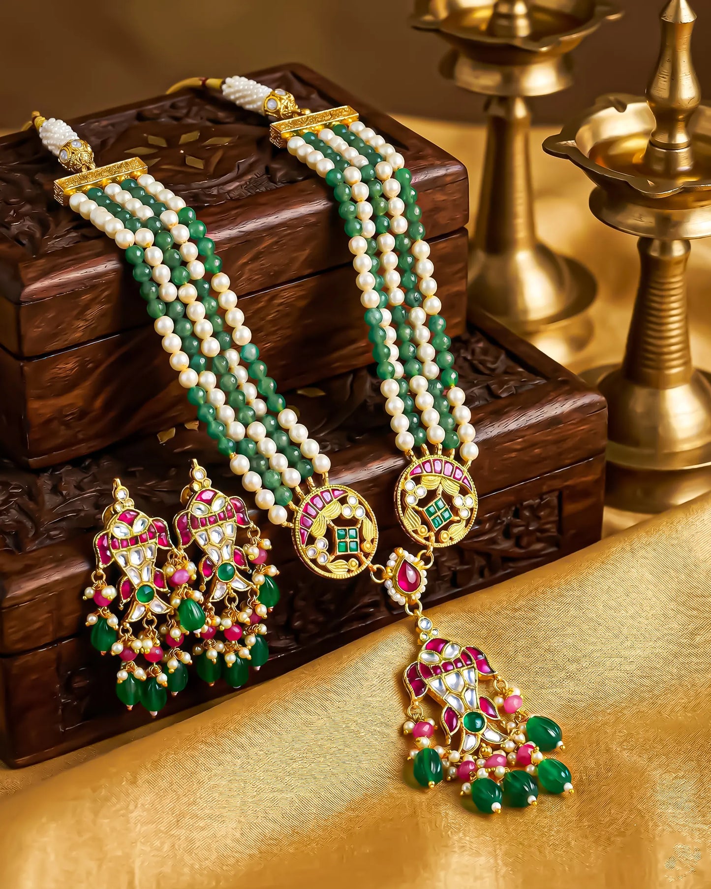 Kundan Meenakari Pearl Green Beaded Necklace Set, Indian Bridal Wedding Jewelry