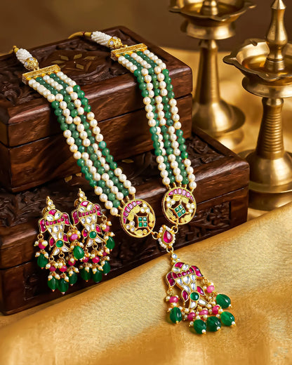 Kundan Meenakari Pearl Green Beaded Necklace Set, Indian Bridal Wedding Jewelry