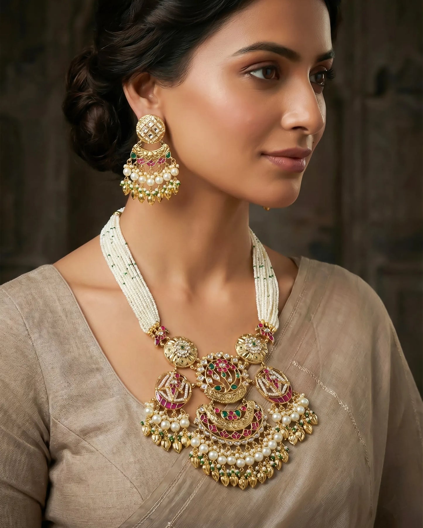 Multi Strand Pearl Antique Necklace Set, Kundan Meenakari Bridal Jewelry, Traditional Gold Statement Necklace