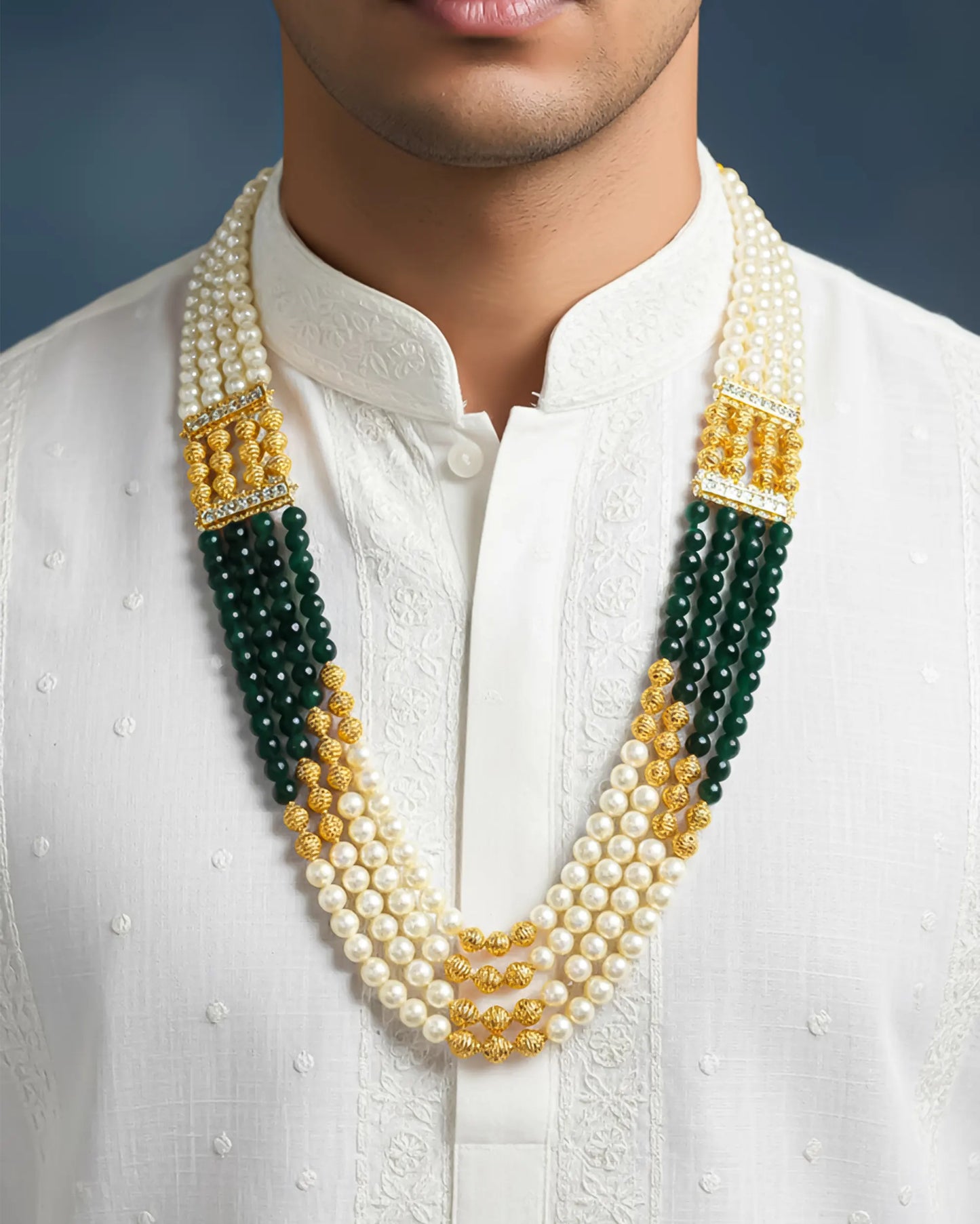 Wedding Groom Mala Necklace, Multi Layer Pearl & Green Beaded Dulha Jewelry, Indian Groom Accessories