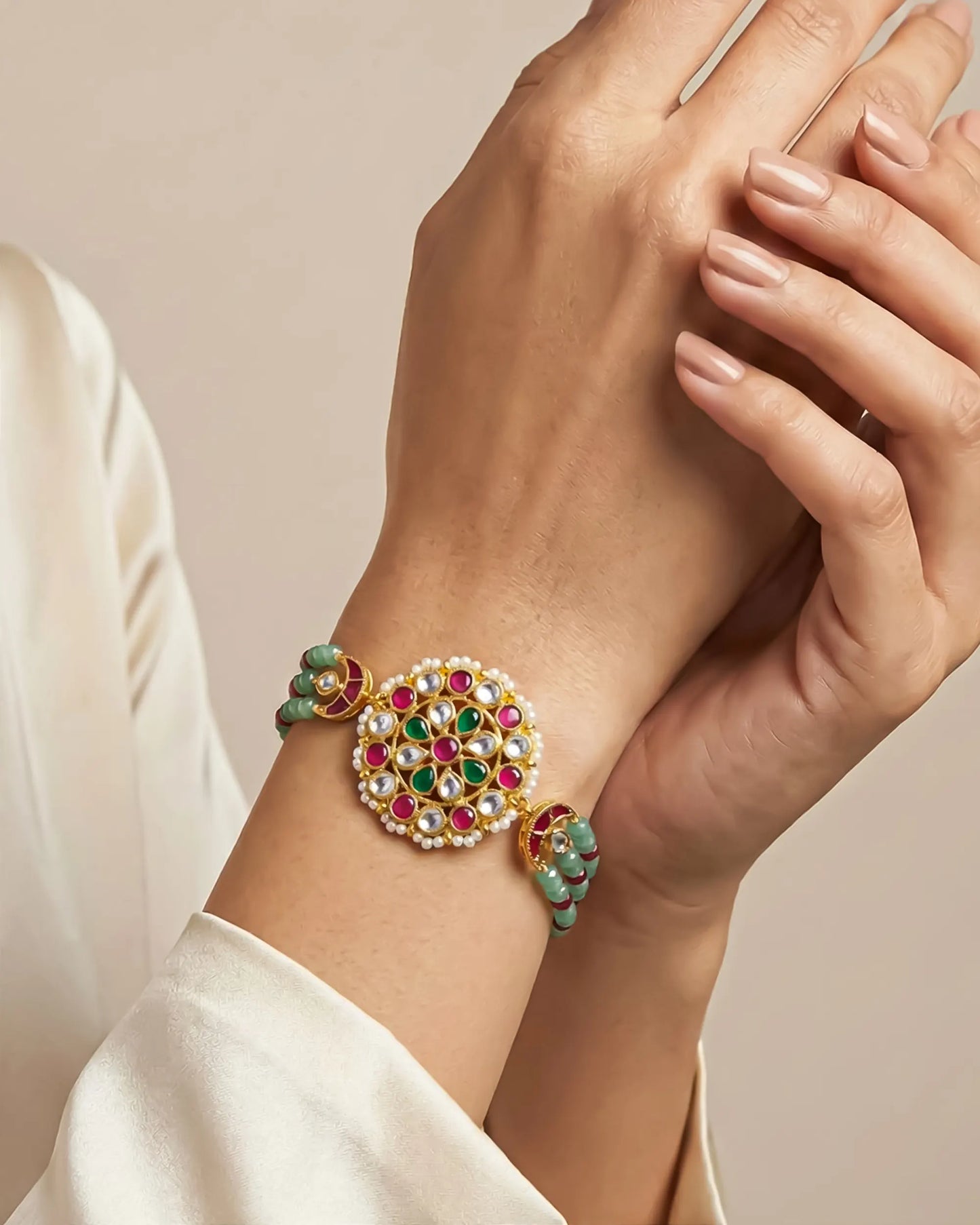 Kundan Beaded Bracelet, Gold Tone Ethnic Bridal Wedding Jewelry
