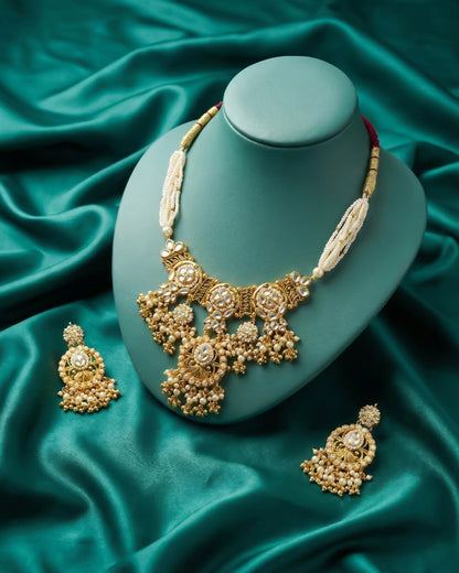 Gold Plated Kundan Bridal Choker Necklace Set with Earrings, Indian Wedding Jewelry