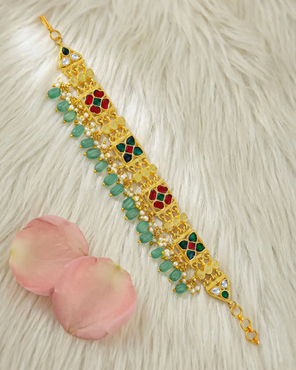 Traditional Kundan Beaded Bracelet, Gold Tone Ethnic Bridal Jewelry
